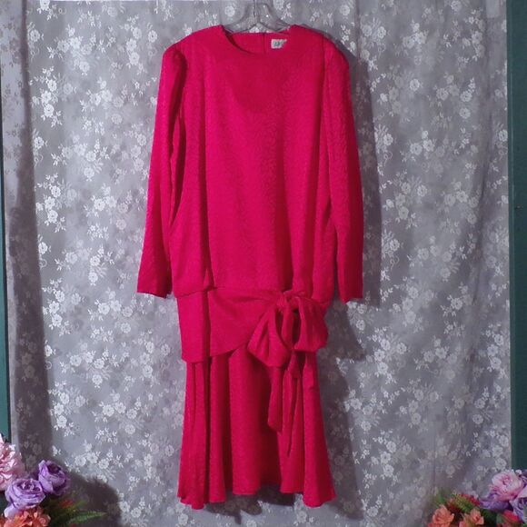 Vintage 80s Dress 1980s Silk Hot Pink Drop Waist Flapper Cocktail Size Large - Picture 1 of 6